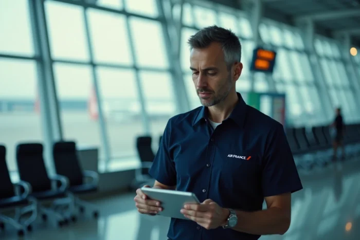Agent Air France consultant l'application Intralignes sur une tablette dans un terminal d'aéroport