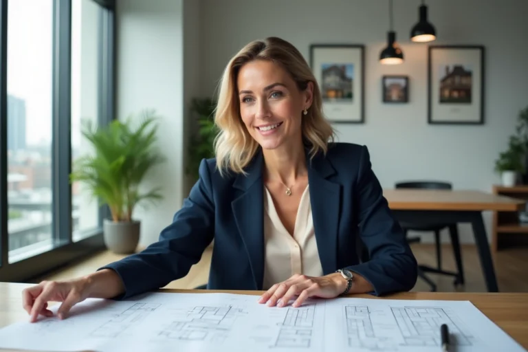 Agent immobilière professionnelle étudiant des plans architecturaux dans une agence moderne avec vue sur la ville