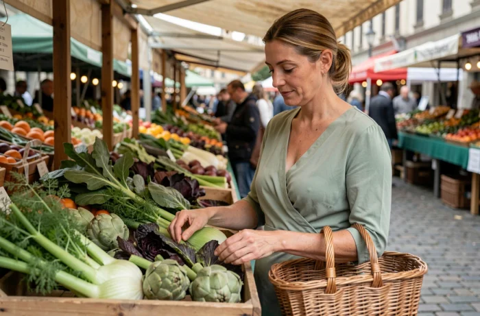Femme choisissant des légumes frais riches en fibres au marché pour une alimentation saine favorisant le nettoyage du côlon