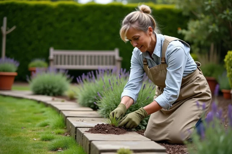 Femme aménageant une bordure de jardin en pierre avec des plantes vivaces fleuries dans un espace vert harmonieux