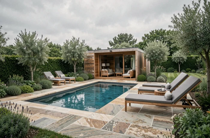 Vue panoramique d'un jardin moderne aménagé autour d'une piscine rectangulaire avec terrasse en pierre, mobilier contemporain et végétation méditerranéenne