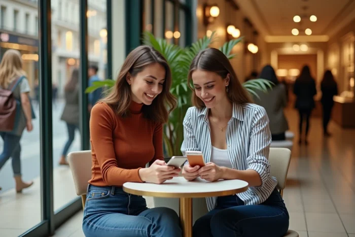 Deux amies planifiant leurs achats avec une carte cadeau Galeries Lafayette dans un café du magasin