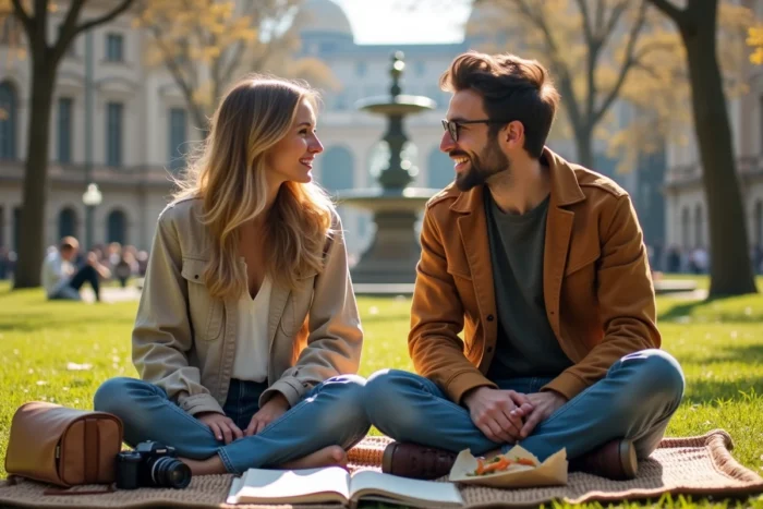 Deux amis planifiant leurs activités de voyage assis dans un parc urbain avec carte et journal de bord