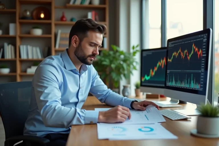 Un homme concentré analyse des graphiques boursiers et des rapports financiers dans un bureau moderne