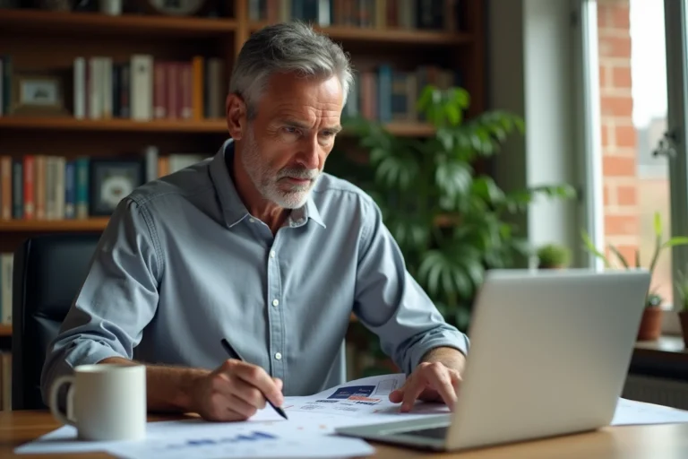 Homme analysant des statistiques de courses de trot sur un bureau avec des données officielles Infonet 5