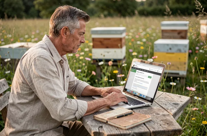 Apiculteur consultant les informations légales de son site dédié aux abeilles en plein air près de ses ruches