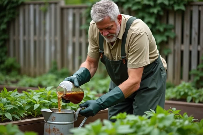 Homme versant un purin d'ail maison dans un arrosoir pour traiter naturellement les plantes du potager