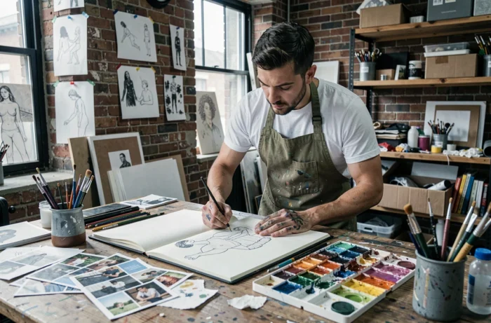 Artiste masculin travaillant sur ses créations dans un atelier urbain pour cultiver son expression artistique