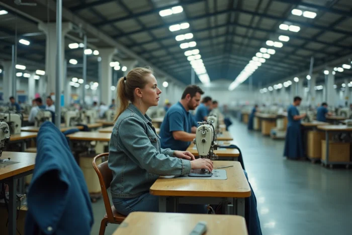 Atelier de fabrication textile avec ouvriers travaillant sur des machines à coudre industrielles, représentant la chaîne de production de vêtements de marques comme Pull and Bear