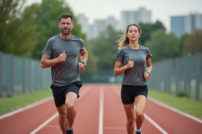 Deux athlètes réalisant des intervalles sur une piste d'athlétisme pour développer leur VO2 max et leur capacité aérobie
