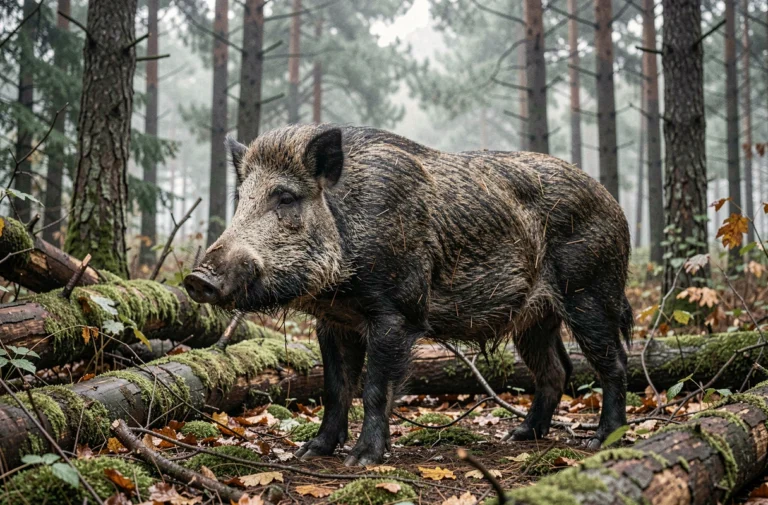 Gigantesque sanglier sauvage debout dans une forêt turque brumeuse entouré de chênes et de pins