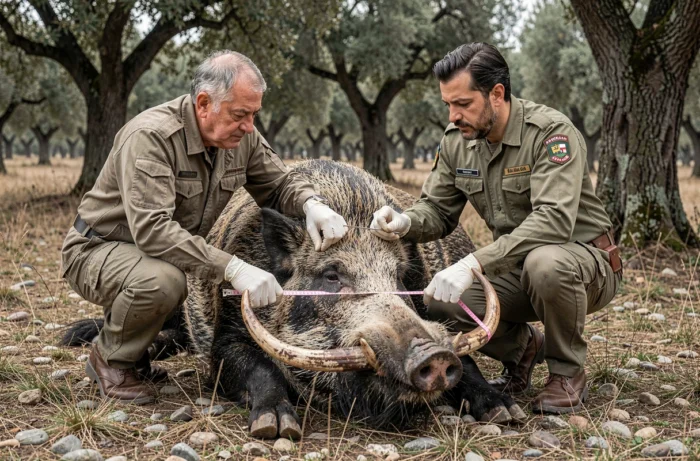 Biologistes mesurant un sanglier géant sedaté lors d'une opération de terrain en forêt turque