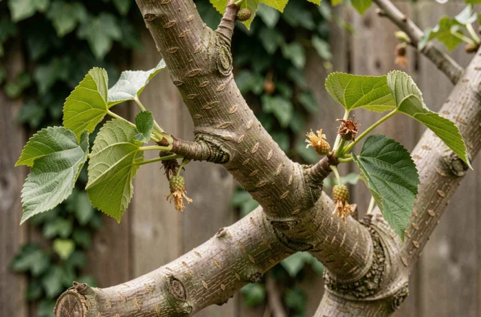 Gros plan sur les branches d'un mûrier platane avec fleurs séchées et absence de fruits