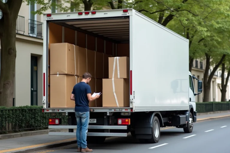 Camion de déménagement 10m3 chargé avec des cartons et meubles emballés dans une rue résidentielle française