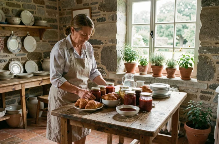Hôtesse de chambre d'hôtes disposant un petit-déjeuner fait maison dans une salle rustique en pierre