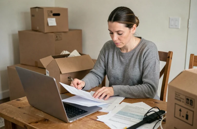 Femme remplissant un formulaire de changement d'adresse en ligne après un déménagement, entourée de cartons
