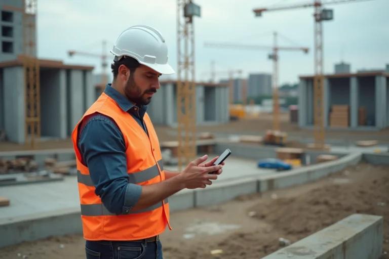 Chef de chantier consultant une application de sécurité sur smartphone au bord d'un chantier de construction actif