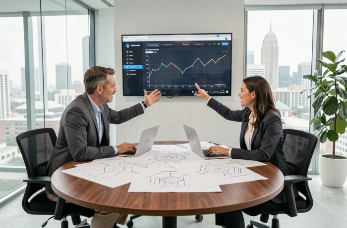 Deux professionnels collaborant autour de diagrammes blockchain et d'une interface IA dans une salle de réunion d'entreprise