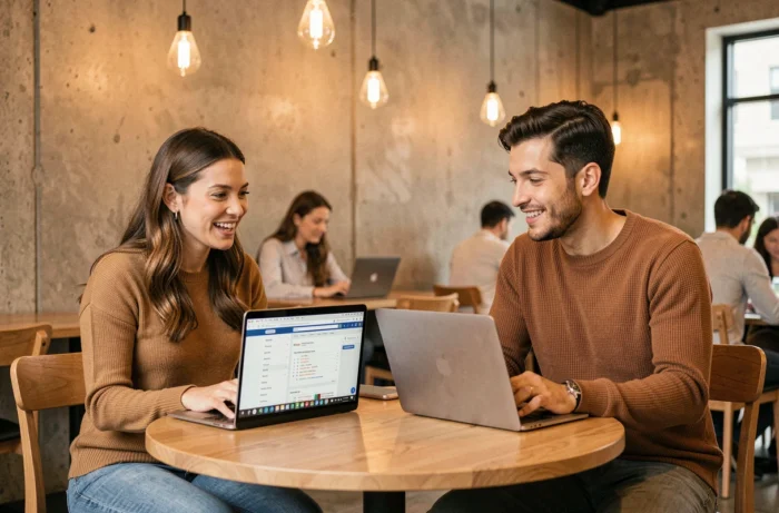 Deux jeunes professionnels collaborant sur une stratégie SEO et l'optimisation du référencement naturel dans un espace de coworking