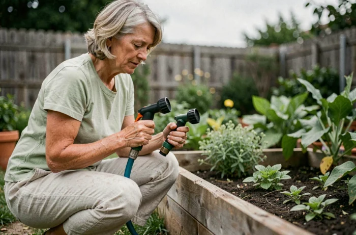 Femme comparant des embouts d'arrosage dans un jardin potager verdoyant
