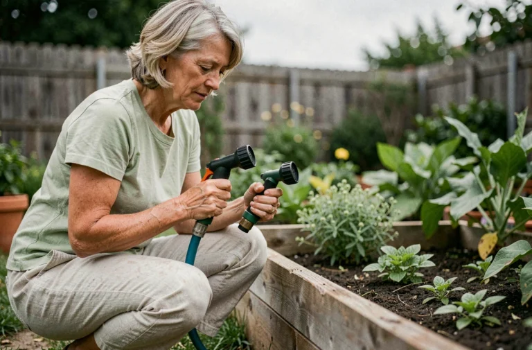 Femme comparant des embouts d'arrosage dans un jardin potager verdoyant