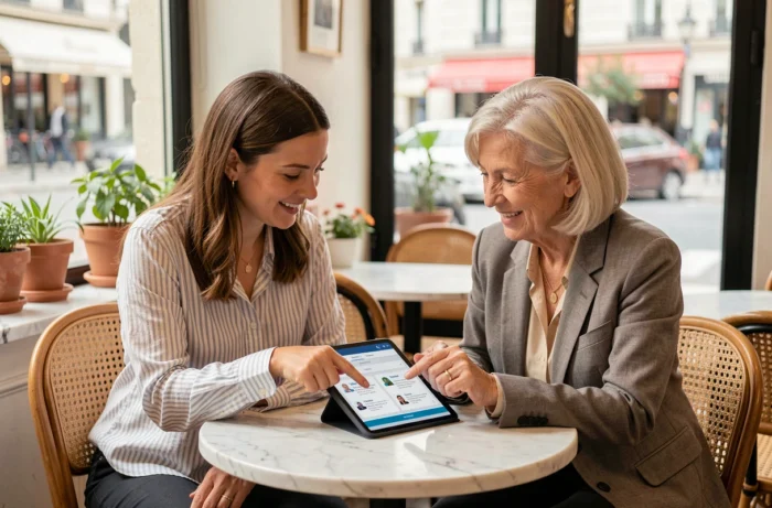 Deux femmes comparant des plateformes d'avis communautaires sur une tablette dans un café parisien