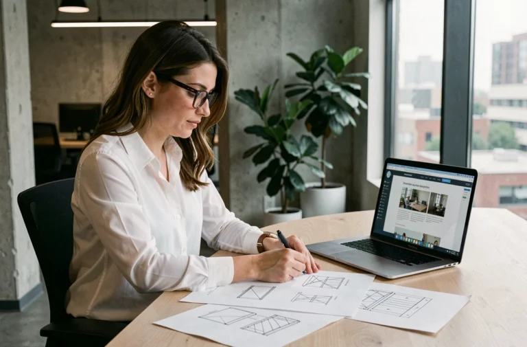 Professionnelle en train de concevoir l'architecture d'un site internet professionnel avec des maquettes papier et un ordinateur portable dans un bureau moderne