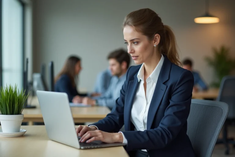 Femme professionnelle connectée à un extranet pro sur son ordinateur portable dans un bureau moderne