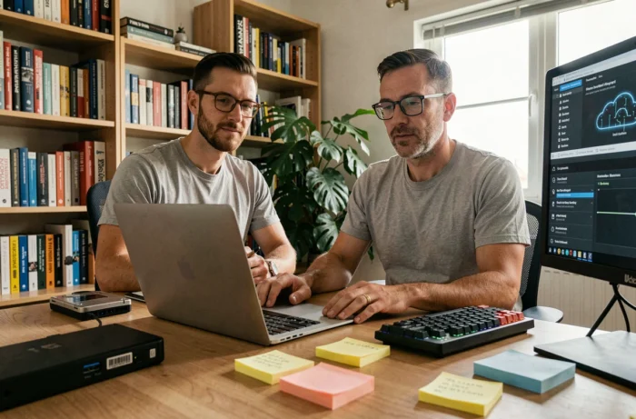 Consultant informatique indépendant travaillant sur des solutions cloud et cybersécurité depuis son bureau à domicile