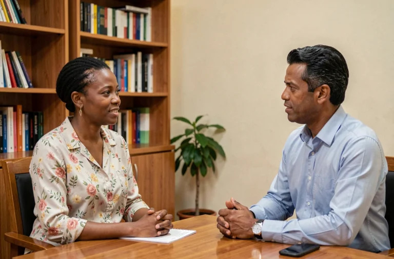 Séance de consultation avec un psychologue à Madagascar, femme malgache en discussion avec un thérapeute dans un cabinet professionnel à Antananarivo
