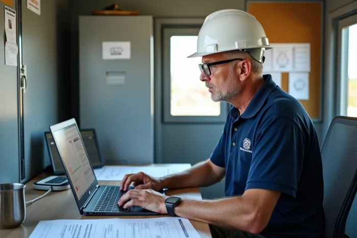 Coordinateur sécurité travaillant sur un tableau de bord d'application de gestion de chantier depuis un bureau de chantier modulaire