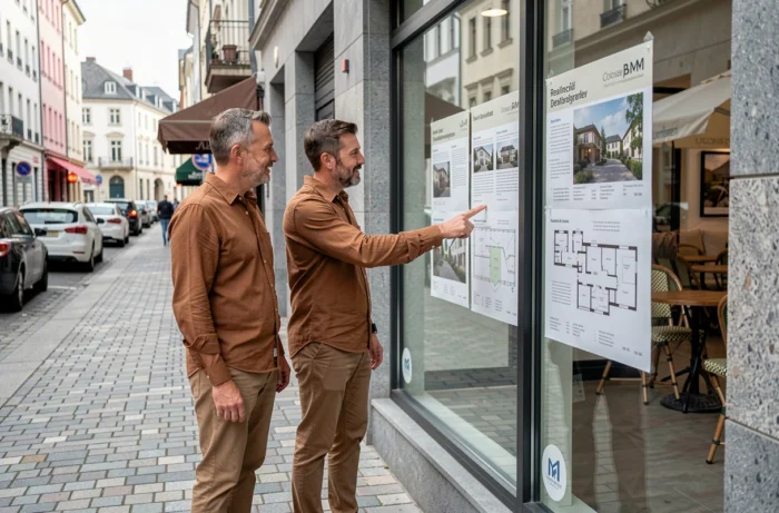 Couple consultant des annonces immobilières en vitrine d'une agence en ville