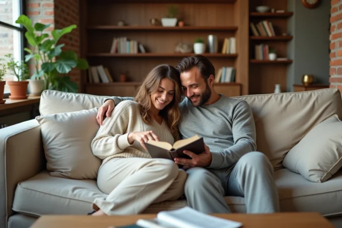 Couple détendu dans un appartement cosy, partageant un moment de lecture sur un canapé en lin