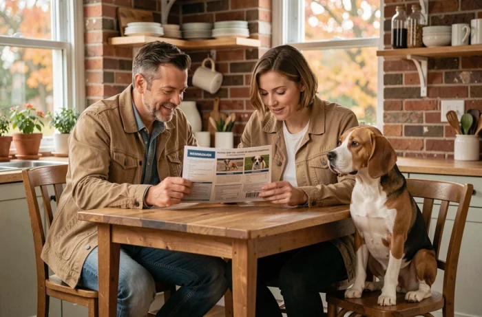Couple étudiant une brochure d'assurance pour animaux avec leur beagle assis à une table de cuisine chaleureuse