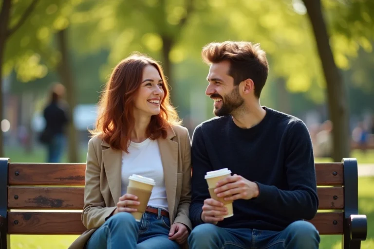 Couple complice assis sur un banc de parc, partageant un café et souriant dans une atmosphère détendue et urbaine