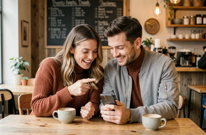 Couple riant ensemble en regardant des emoji d'amour sur un smartphone dans un café chaleureux