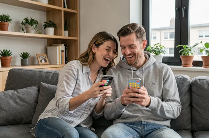 Couple échangeant des messages d'amour avec emojis sur leurs smartphones dans un salon moderne
