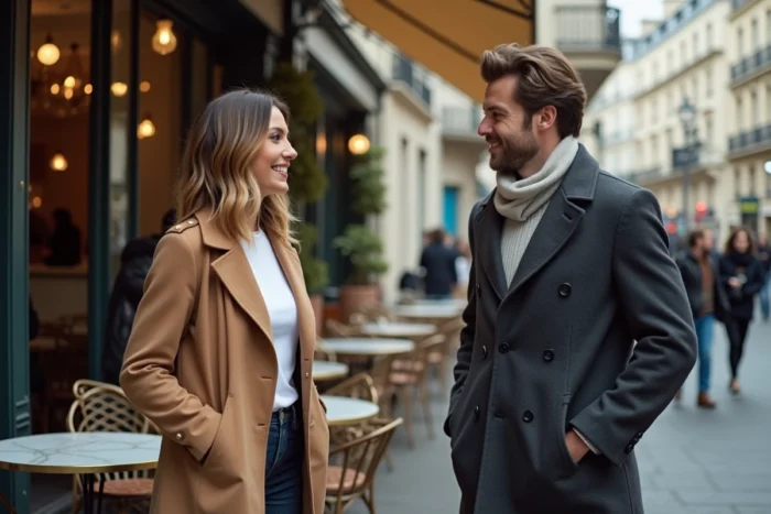 Couple élégant conversant à une terrasse de café parisien dans une ambiance authentique et chic