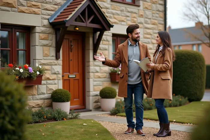 Couple visitant une maison en pierre rénovée dans un quartier résidentiel calme en automne