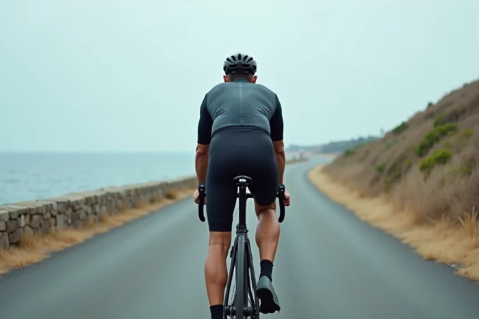 Cycliste masculin pédalant sur une route côtière dans le cadre d'un entraînement d'endurance pour booster le VO2 max