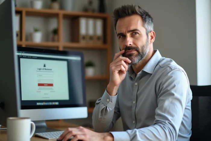 Homme en télétravail résolvant un problème de blocage lors de sa connexion à un extranet professionnel