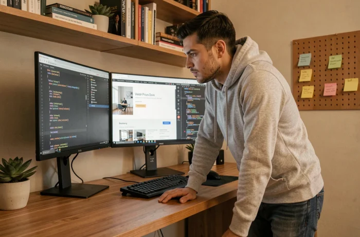 Développeur web masculin codant un site internet professionnel sur deux écrans dans un bureau à domicile bien organisé