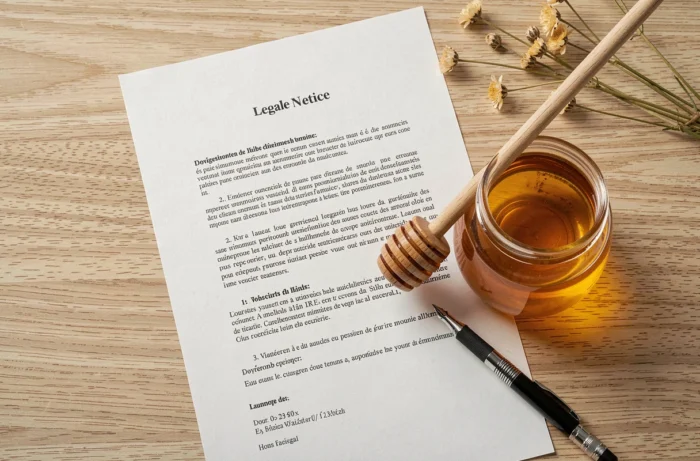 Vue de dessus des documents légaux d'un site apicole avec pot de miel et accessoires sur bureau en bois