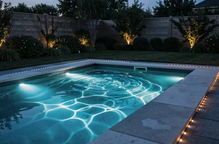 Éclairage LED submersible dans une piscine moderne créant un reflet bleu turquoise avec balisage périmétrique ambré au sol
