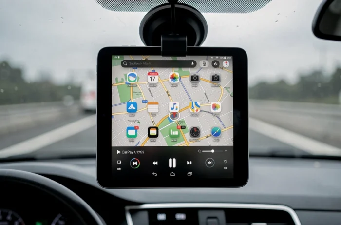 Écran de tablette Android affichant une interface CarPlay avec navigation GPS dans une voiture en mouvement
