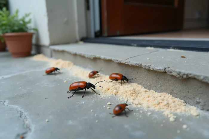 Carabes Pseudoophonus rufipes près du seuil d'un garage avec application de terre de diatomées pour les éliminer