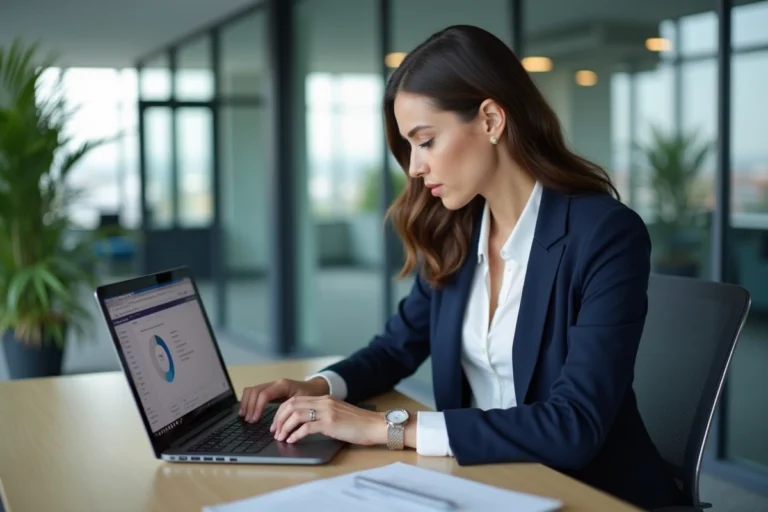 Employée Air France utilisant le portail Intralignes sur un ordinateur portable dans un bureau moderne