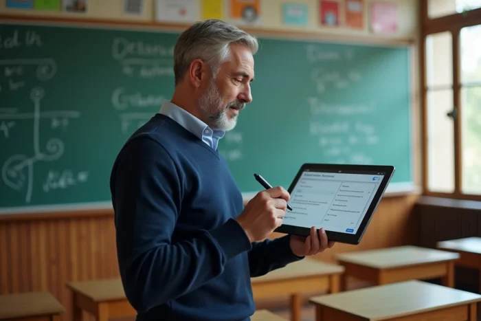 Enseignant consultant le livret scolaire numérique sur une tablette dans une salle de classe de l'Académie de Versailles