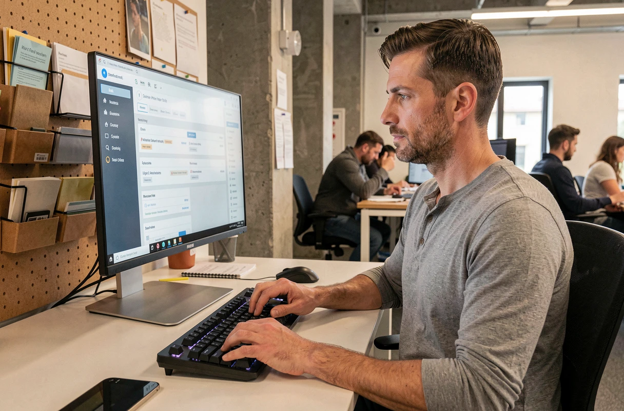 Entrepreneur masculin travaillant sur des services en ligne de gestion dans un espace de coworking moderne