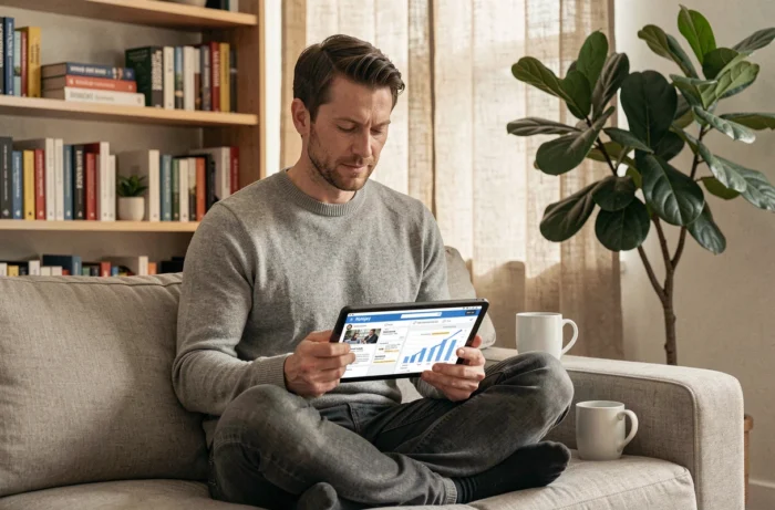 Entrepreneur travaillant sur un calendrier de contenu pour sa stratégie de marketing digital depuis son bureau à domicile